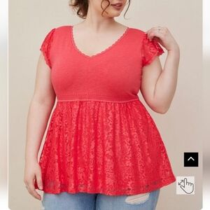 Plus Size 5X Torrid Womens Babydoll Super Soft V-Neck Lace Trim pink shirt top